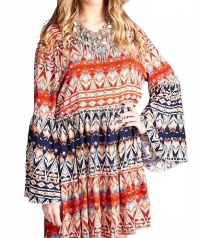 Velzera Boho Bell Sleeves Tunic Dress In Blue/red In Multi
