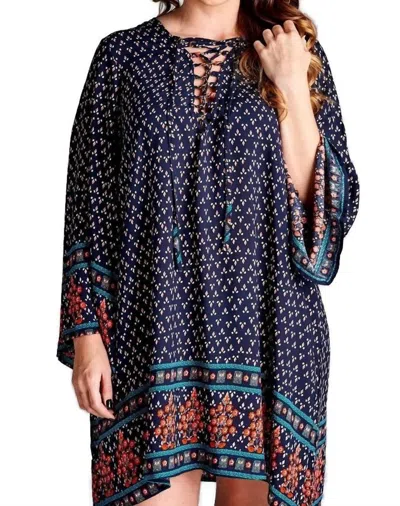 Velzera Border Print Floral Bohemian Mini Dress In Blue