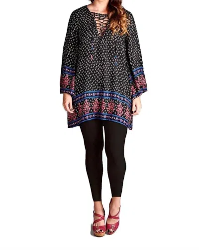 Velzera Border Print Floral Bohemian Tunic/dress In Black