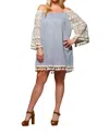 Velzera Crochet Sleeve Fringe Dress In Blue In Blue
