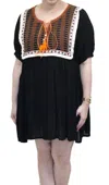 Velzera Embroidered & Fringed Short Sleeve Mini Dress In Black In Black