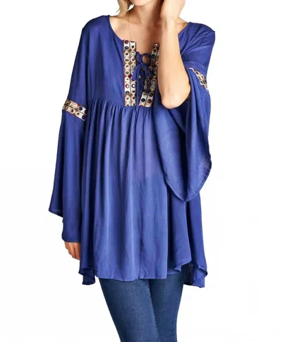 Velzera Embroidered Bell Sleeve Tunic Top In Blue