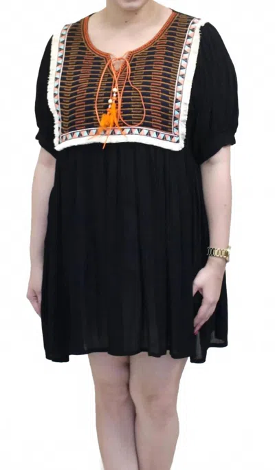 Velzera Embroidered Fringed Short Sleeve Mini Dress In Black