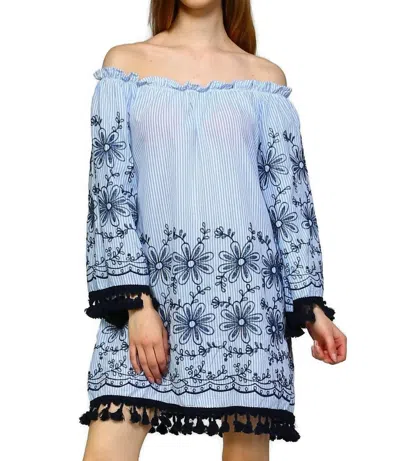 Velzera Embroidered Off The Shoulder Tassel Dress In Blue