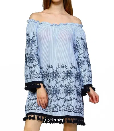 Velzera Embroidered Off The Shoulder Tassel Mini Dress In Blue