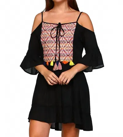 Velzera Embroidered Tassel Cold Shoulder Mini Dress In Black In Multi