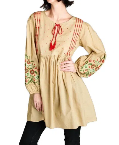 Velzera Floral Embroidered Peasant Dress In Mocha In Brown