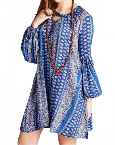 Velzera Floral Paisley Keyhole Neckline Mini Dress In Blue Multi