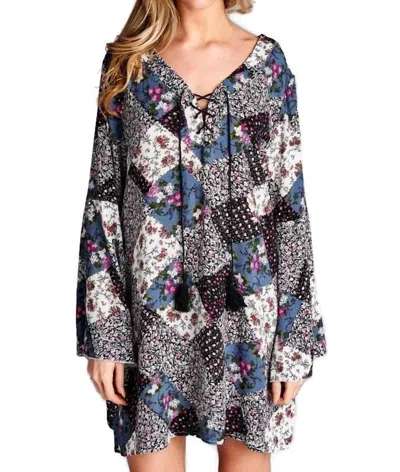 Velzera Floral Patchwork Print Mini Dress In Grey In Blue