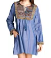 Velzera Fringe & Geometric Chambray Dress In Blue In Blue