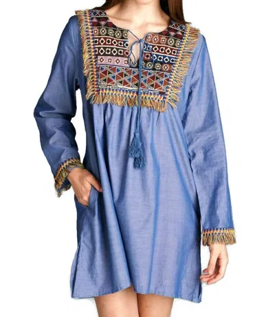 Velzera Fringe Geometric Chambray Mini Dress In Blue