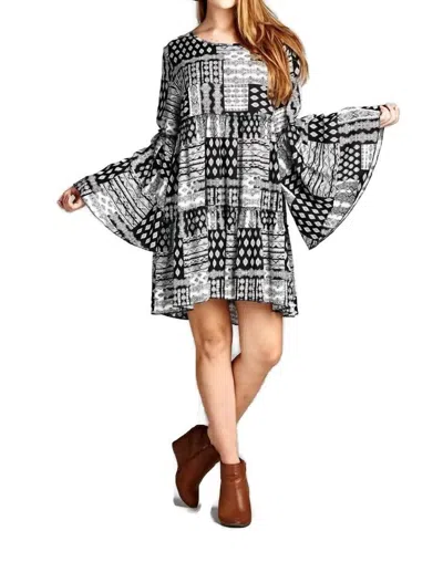 Velzera Multi-pattern Bell Sleeve Dress In Black