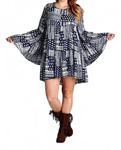 Velzera Multi-pattern Bell Sleeve Mini Dress In Blue