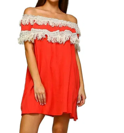 Velzera Off The Shoulder Fringe Dress In Coral In Pink