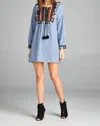 Velzera Pin Striped Tassel Yoke Tunic In Blue