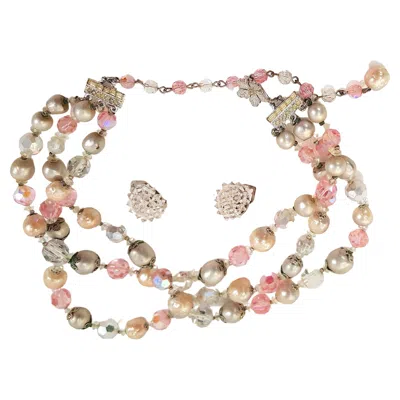 Pre-owned Vendome Crystal Beaded Set Earrings & 3strand Capped Fauxpearl Necklace, 1948-55 In Multi