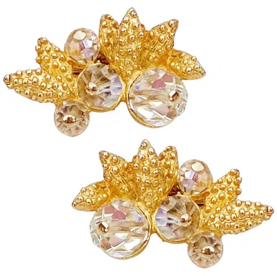 Pre-owned Vendome Gilded Leaves & Aurora Borealis Crystal Climber Earrings By , 1950s In Brown