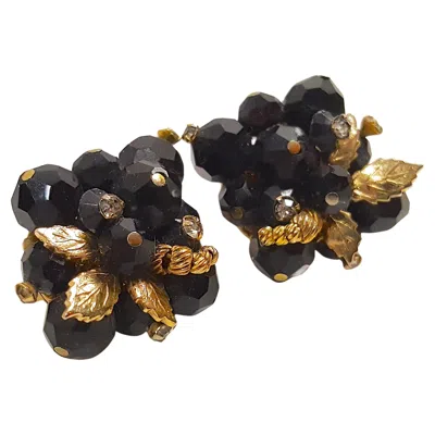 Pre-owned Vendome Gold Gilt Filagree Handwired Black Glass Crystals Leaves Clip Earrings