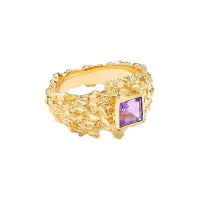 Pre-owned Veneda Carter Vc016 Hammered Gem Ring 'gold'