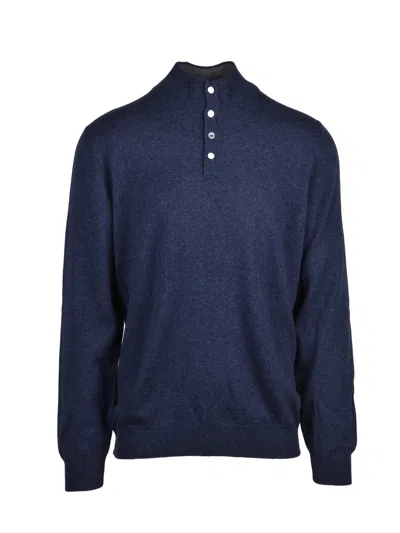 Vengera Blue Wool-blend Button Mock Neck Sweater In Black