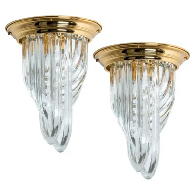 Pre-owned Venini 1 Of The 2  Flush Mounts, Curved Crystal Glass And Brass, Italy, 1970 In Transparent