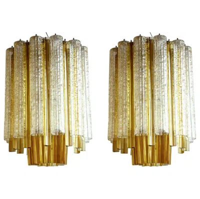 Pre-owned Venini 1960s  "trilobi" Murano Glass Italian Design Pair Of Ceiling Lamps In Brown
