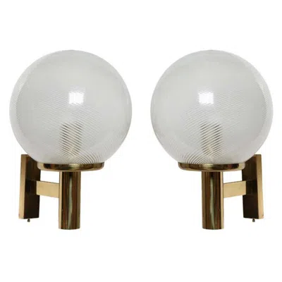 Pre-owned Venini 1970  Filigrana White Murano Glass Italian Design 2 Wall Lamps Sconces