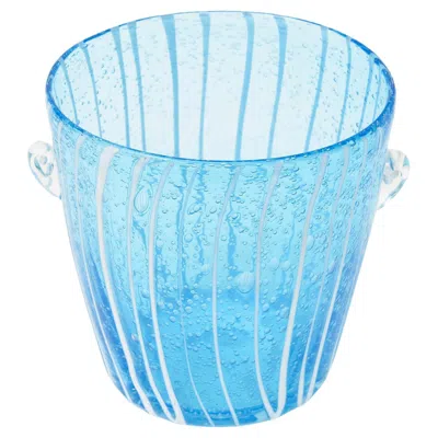 Pre-owned Venini 1980's Murano  Ice Bucket Sapphire Turquoise With White Lines, Barware