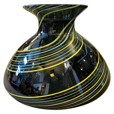 Pre-owned Venini 1980s Modernist Black Green And Yellow Striped Murano Glass Vase