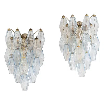 Pre-owned Venini 20th Century,  Pair Of Wall Lamps Mod. Poliedri In Murano Glass, 60s In Transparent