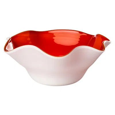 Pre-owned Venini 21st Century Fazzoletto Glass Bowl In Milk-white/red By  In Sand