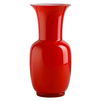 Pre-owned Venini 21st Century Opalino Small Glass Vase In Milk-white/red By