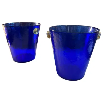 Pre-owned Venini A Pair Of 1980s  Style Modernist Blue And Yellow Murano Glass Wine Coolers