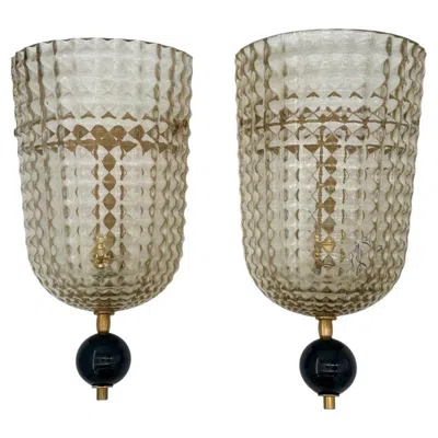 Pre-owned Venini A Pair Of Art Deco Style Smoked Murano Glass And Brass Wall Sconces In Brown