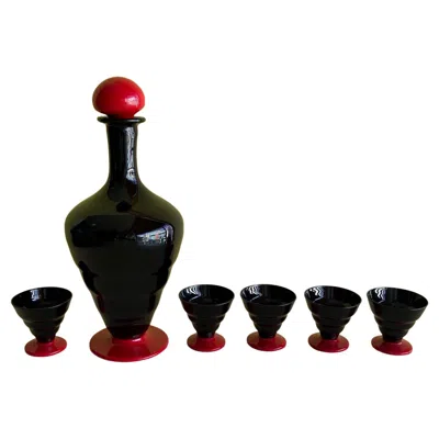 Pre-owned Venini Art Deco Black And Red Murano Glass Liqueur Set, Decanter And 5 Glasses