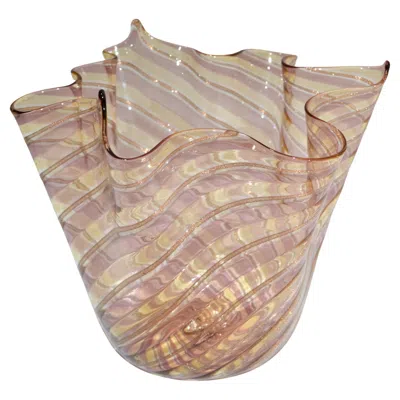 Pre-owned Venini Attributed Bronze, Gold And Clear Fazzoletto Bowl Vase Centerpiece, Italy In Brown