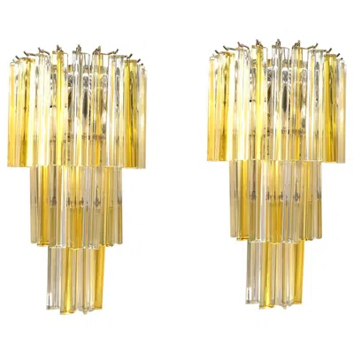Pre-owned Venini Attributed Mid-century Modern Pair Of Murano Glass Triedri Wall Sconces In Sand