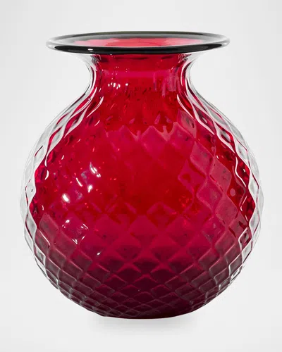 Venini Balloton Fiori Vase, 6.5" In Red W/ Green Thread