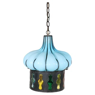Pre-owned Venini Blown Glass And Wrought Iron Chandelier Made In Italy In Blue