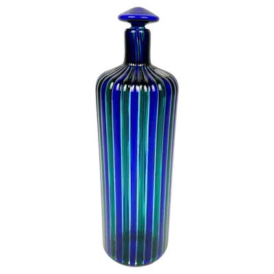 Pre-owned Venini Blue And Green Murano Glass Bottle By Fulvio Bianconi For , Italy 1988