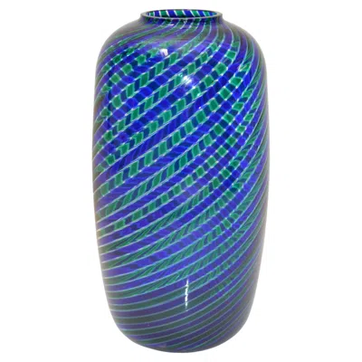 Pre-owned Venini Bulgarov 1970 Blue & Green Color Striped Blown Murano Glass Vase, Italy