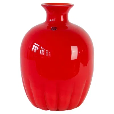 Pre-owned Venini Cenedese Colorful Bright Red Vintage Round Italian Murano Glass Vase