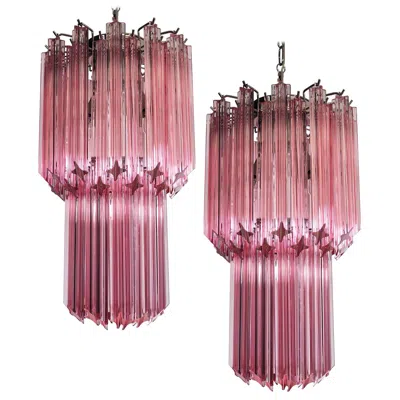 Pre-owned Venini Charming Pair Of 46 Quadriedri Glass Chandeliers, Pink Prism, Murano