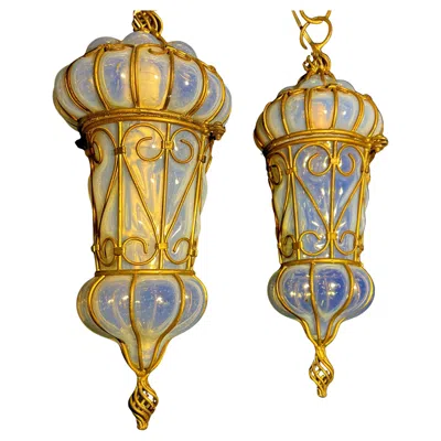 Pre-owned Venini Charming Pair Of Venetian Opal Glass Lanterns And Sconce, Murano, 1950 In Brown