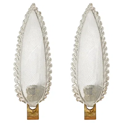 Pre-owned Venini Extra-large Pair Of Leaf Murano "reticello" Glass And Brass Sconces, 1950 In Transparent