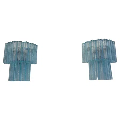 Pre-owned Venini Fantastic Pair Of Murano Glass Tube Wall Sconces - 13 Blue Glass Tube