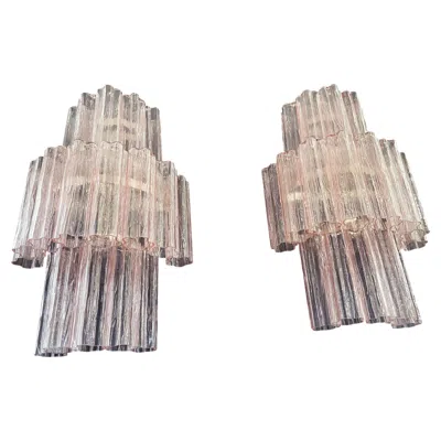 Pre-owned Venini Fantastic Pair Of Murano Glass Tube Wall Sconces, 18 Pink Glass Tube