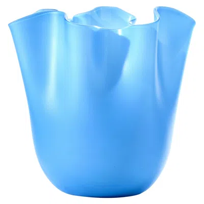 Pre-owned Venini Fazzoletto Sabbiato Medium Vase In Acquamarine Murano Glass In Blue