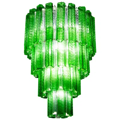 Pre-owned Venini Green Midcentury Murano Glass Tronchi Four-tier Chandelier, 1960