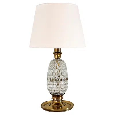 Pre-owned Venini Italian Mid-century Table Lamp With Brass And Creased Murano Glass Body, 1960s In Sand